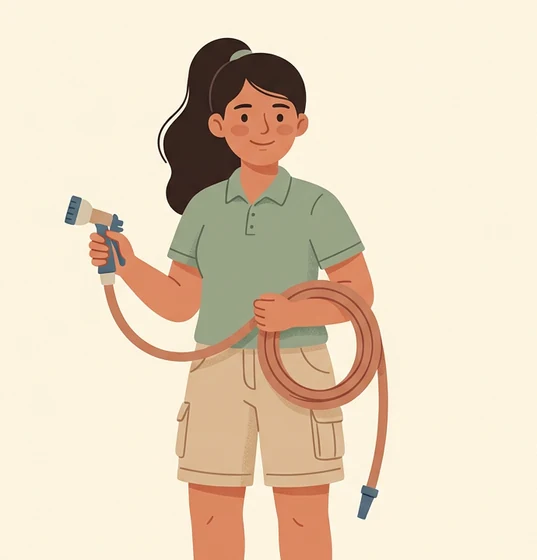 Sofia, a young grower from the Sprout cast, with a garden hose