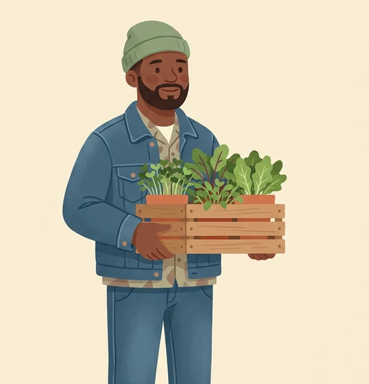 Marcus, a grower from the Sprout cast, with a crate of fresh greens